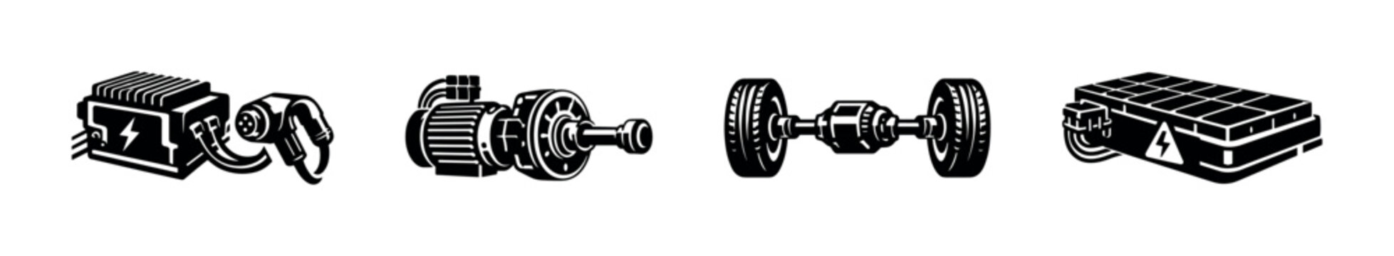 Electric vehicle components vector icons set: motor, battery, drivetrain symbols