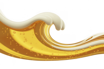 Wave of golden liquid with bubbles white isolated on a transparent background