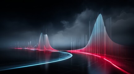 Dark sky with two red and blue lines that look like they are coming out of the ground