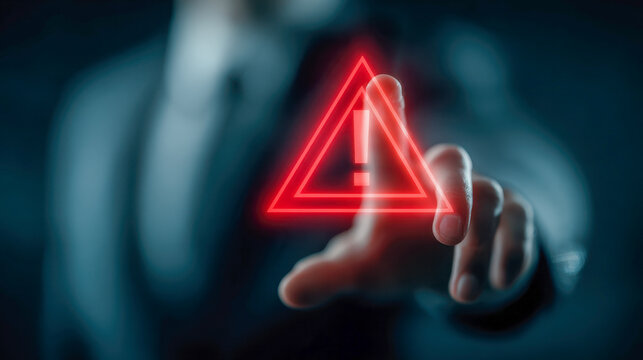 Businessman interacting with a glowing red danger warning symbol on a virtual touchscreen interface in a dark environment concept of risk and alert management - Powered by Adobe