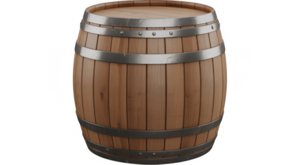 Wooden barrel with metal hoops wine barrel isolated on a transparent background
