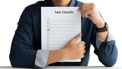 Man holding task checklist document Isolated on transparent background