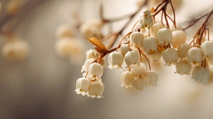 Delicate white bell-shaped flowers hanging from slender branches with soft warm natural background for botanical and floral themes