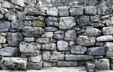 Fototapeta premium Wall made of large gray stones with a small green plant growing out of it. The wall is tall and has a rough texture