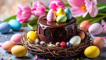 Chocolate cake decorated with colorful speckled eggs in a nest with pink tulips and berries on a dark stone background. Concept of Easter holiday celebration