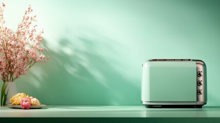 A charming mint-colored toaster rests stylishly on a countertop, epitomizing modern kitchen aesthetics and adding a touch of elegance and freshness to culinary spaces.
