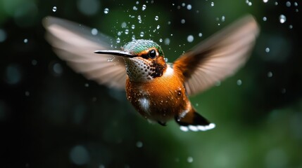 Obraz premium A stunning image of a hummingbird mid-flight, surrounded by sparkling droplets of water, showcasing its iridescent feathers and incredible speed in nature's vibrant backdrop.