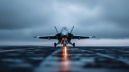 A striking image of a fighter jet poised on the runway, showcasing its powerful design against a moody sky that evokes a sense of strength and purpose in aviation.