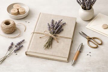 Aesthetic Flat Lay of a Textured Journal Tied with Lavender Blossoms Scissors Twine Wooden Candles and Modern Office Supplies Creating a Serene Workspace Atmosphere