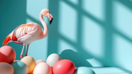 A vibrant flamingo posing near a group of colorful Easter eggs, creating a playful, artistic scene that blends elements of fun, celebration, and whimsy.
