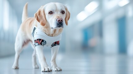 A robotic dog stands in a sleek, modern setting, showcasing the fusion of technology and companionship, and reflecting the future of innovations in pet care and robotics.