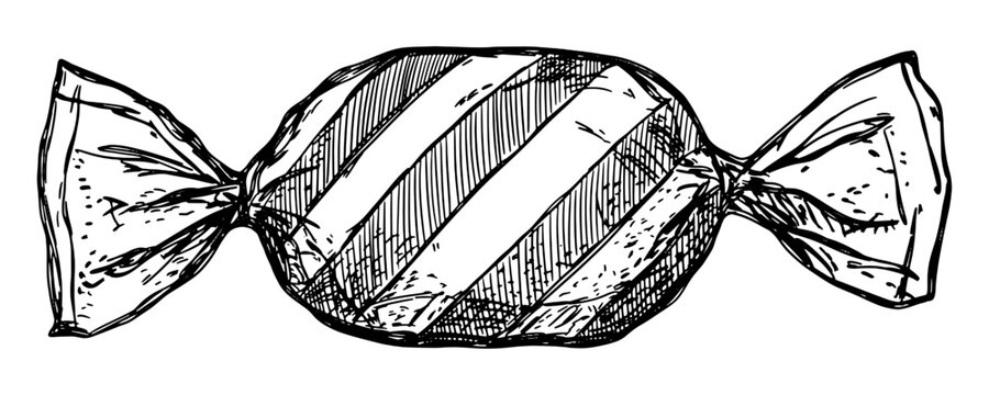 wrapped candy with diagonal stripes isolated hand drawn sketch confectionery packaging card design element line art detailed vector illustration