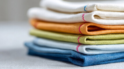 Stack of folded colorful linen napkins with visible stitching detail in soft natural light on textured surface