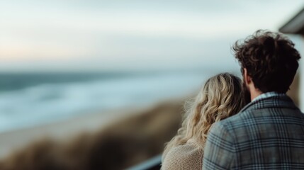 Fototapeta premium A tender moment between a couple embracing while gazing at the ocean, captured during twilight, creating a warm atmosphere of love and connection amidst a serene backdrop.