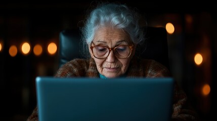 An elderly woman sits intently in front of her laptop, embodying concentration and wisdom, subtly illuminated by soft background lighting, revealing her commitment to learning.