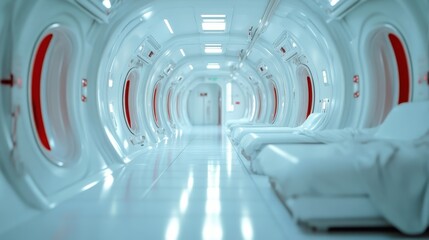 A pristine medical facility showcasing modern design with neat lines, bright lights, and inviting beds, representing the forefront of healthcare and patient comfort.