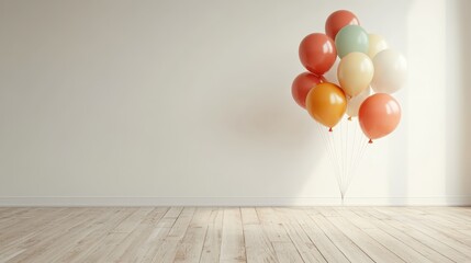 A collection of colorful balloons positioned against a bright white wall, invoking feelings of joy, celebration, and playfulness, perfect for party themes and festive events.