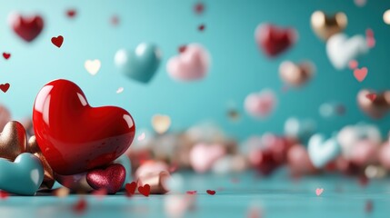 A vibrant assortment of multicolored hearts against a soft blue backdrop, symbolizing love, affection, and warm emotions in a playful and charming arrangement.