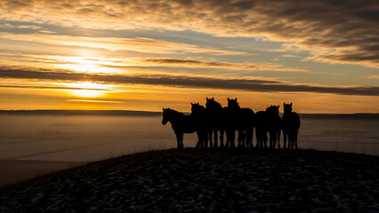 Silhouette of Six Horses on Snowy Hillside against Golden Sunset with Fog
