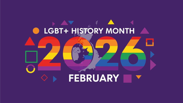 LGBT+ History Month 2026 colorful graphic with rainbow numbers