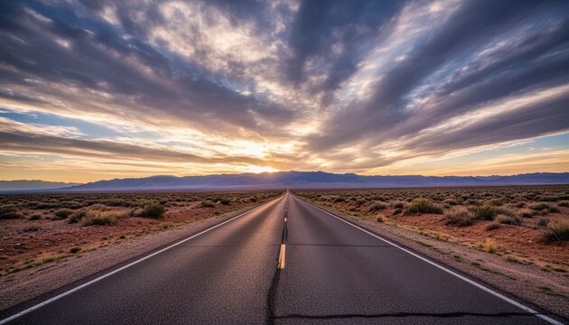 Long straight road through the desert at sunset with majestic mountains and dramatic clouds - Powered by Adobe