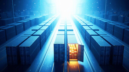 Open blue container with boxes on a truck. Global supply chain management and logistics in digital world. International cargo shipping.