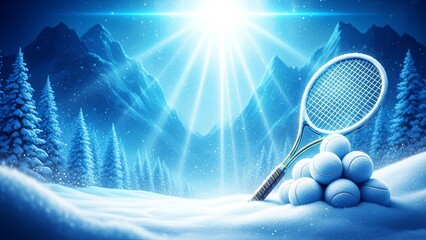 Fototapeta premium Tennis racket with snowy balls on winter mountain landscape. Winter sports concept with snow, trees, mountains, light.