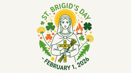 St. Brigid's Day celebration logo with saint, shamrocks, and cross