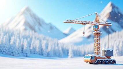 Yellow crane construction truck stands in winter landscape. Heavy snow equipment in cold weather. Modern industry and heavy machinery on snow.