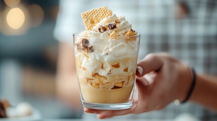 A delectable dessert glass filled with creamy layers, crunchy wafers, and toppings, showcasing indulgence and pleasure in a charming hand-holding presentation.