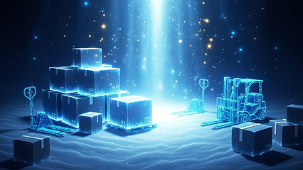 Digital boxes and forklifts in a virtual warehouse. Futuristic logistics and supply chain concept. Blueprint holographic style.