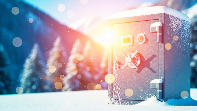 Safe standing in a snowy winter landscape under sunlight. Concept of financial safety, secure data storage for digital marketing on new year.