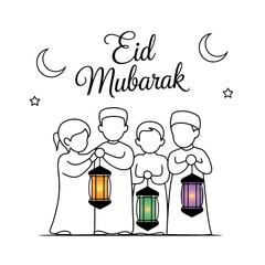 Eid mubarak celebration with children holding lanterns