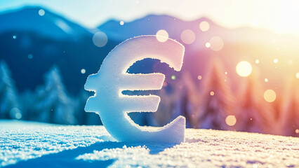 Snow-covered euro sign in a winter mountain landscape. Financial symbol for economics and business. Concept of money, trade, and frosty season.