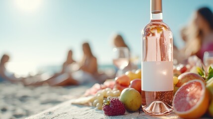 A vibrant beach picnic captures refreshing rosé wine elegantly surrounded by colorful fruits, evoking feelings of joy, summer, and the simple pleasures of life shared together.