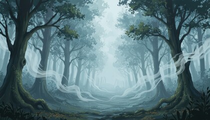 Mysterious misty forest landscape with ancient trees and ethereal fog in a haunting fantasy style
