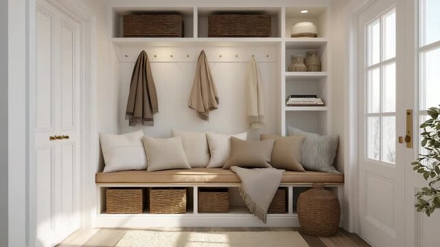 A multifunctional entryway in a tiny home featuring built-in benches, hooks for coats, and decorative storage boxes, combining style and practicality in a compact area. cinematic color correction,