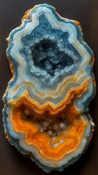Macro closeup of stunning natural geode showing distinct layers of vivid orange and soft blue chalcedony with sparkling druzy crystal formations inside
