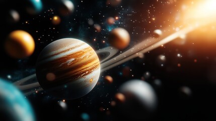 A vibrant cosmic scene showcasing numerous planets and stars, portraying the grandeur of the universe and the beauty of celestial phenomena within the vastness of space.