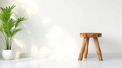 A beautifully crafted wooden stool stands next to a lush green plant against a bright white wall, creating a serene and inviting atmosphere for any space.