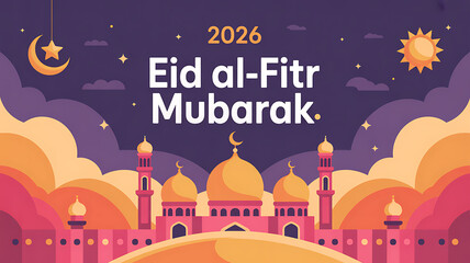 Vibrant eid al fitr mubarak 2026 greeting card with mosque crescent moon and sun at sunset