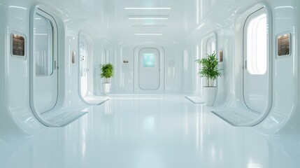 A sleek, futuristic white hallway lined with greenery, featuring multiple doors and bright light, creating a calming yet innovative atmosphere reflecting modern design principles.