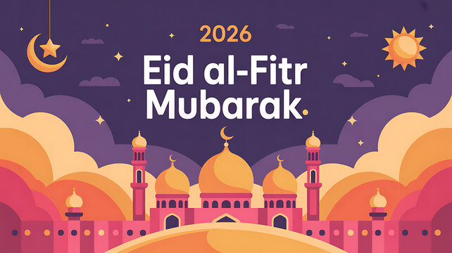 Vibrant eid al fitr mubarak 2026 greeting card with mosque crescent moon and sun at sunset