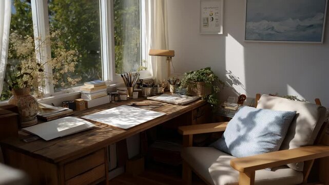 A serene study area nestled in a corner of a sunlit room, featuring a rustic wooden desk, an assortment of art supplies, and a comfy armchair, creating a perfect space for creativity and learning.