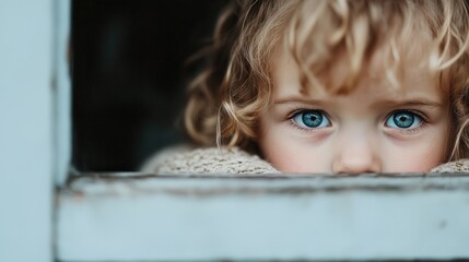 An emotional close-up shot of a child gazing through a window, their striking blue eyes and curly hair reflecting innocence, curiosity, and the wonder of childhood.