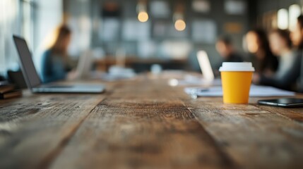 A blurred view of a collaborative business meeting setting with coffee cups and laptops on a rustic wooden table, illustrating teamwork and productivity in a professional atmosphere.