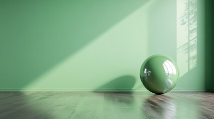 A minimalist green room featuring a shiny orb, creating a calm and elegant atmosphere, ideal for contemporary design enthusiasts and artistic tastes.