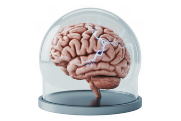 Brain in a glass dome with lightning electricity storm isolated on a transparent background