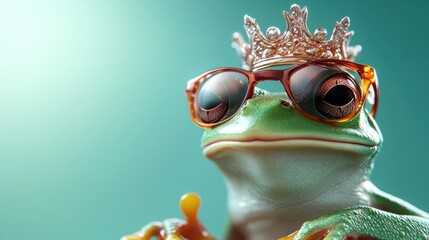 This whimsical image showcases a frog adorned with a crown and oversized sunglasses, exuding a playful and humorous vibe against a vibrant background.