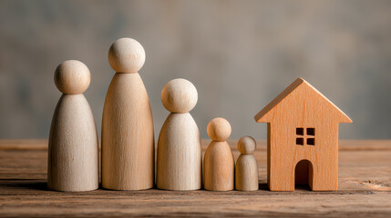 Wooden figurines representing a family lineup standing beside a small wooden house symbolizing home and togetherness on a rustic wooden surface with soft background